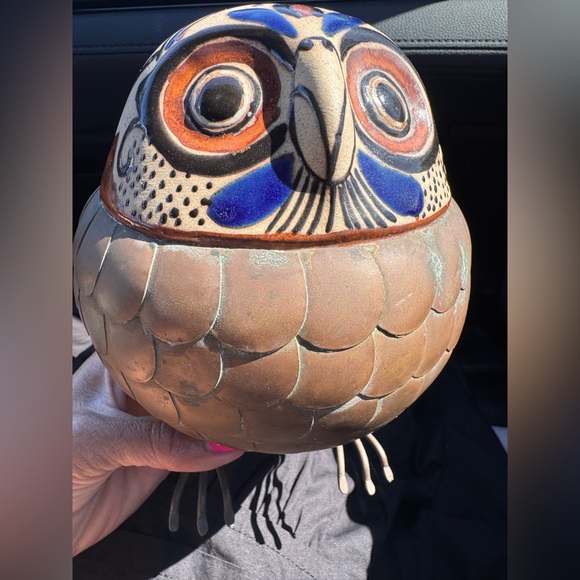 Mid Century Mexican Brass & Pottery Owl Sculpture Figurine by Alexander Blazquez